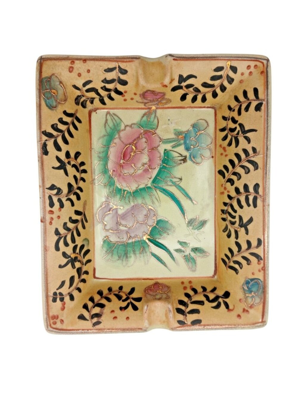Royal Satsuma Floral Ashtray Hand Painted Porcelain Gold Gilt 7.25x6